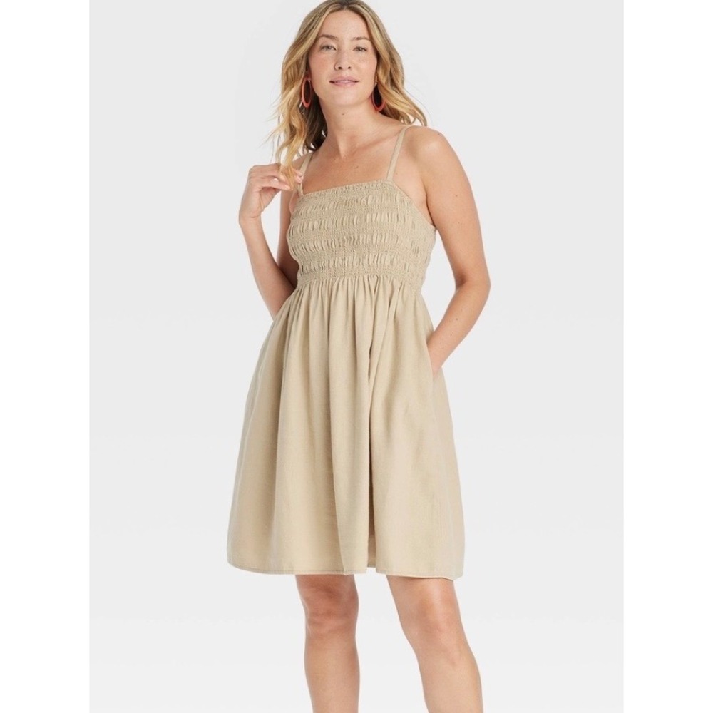 Universal Thread Tan Linen Blend Smocked Mini Sun Dress Pockets Womens Small